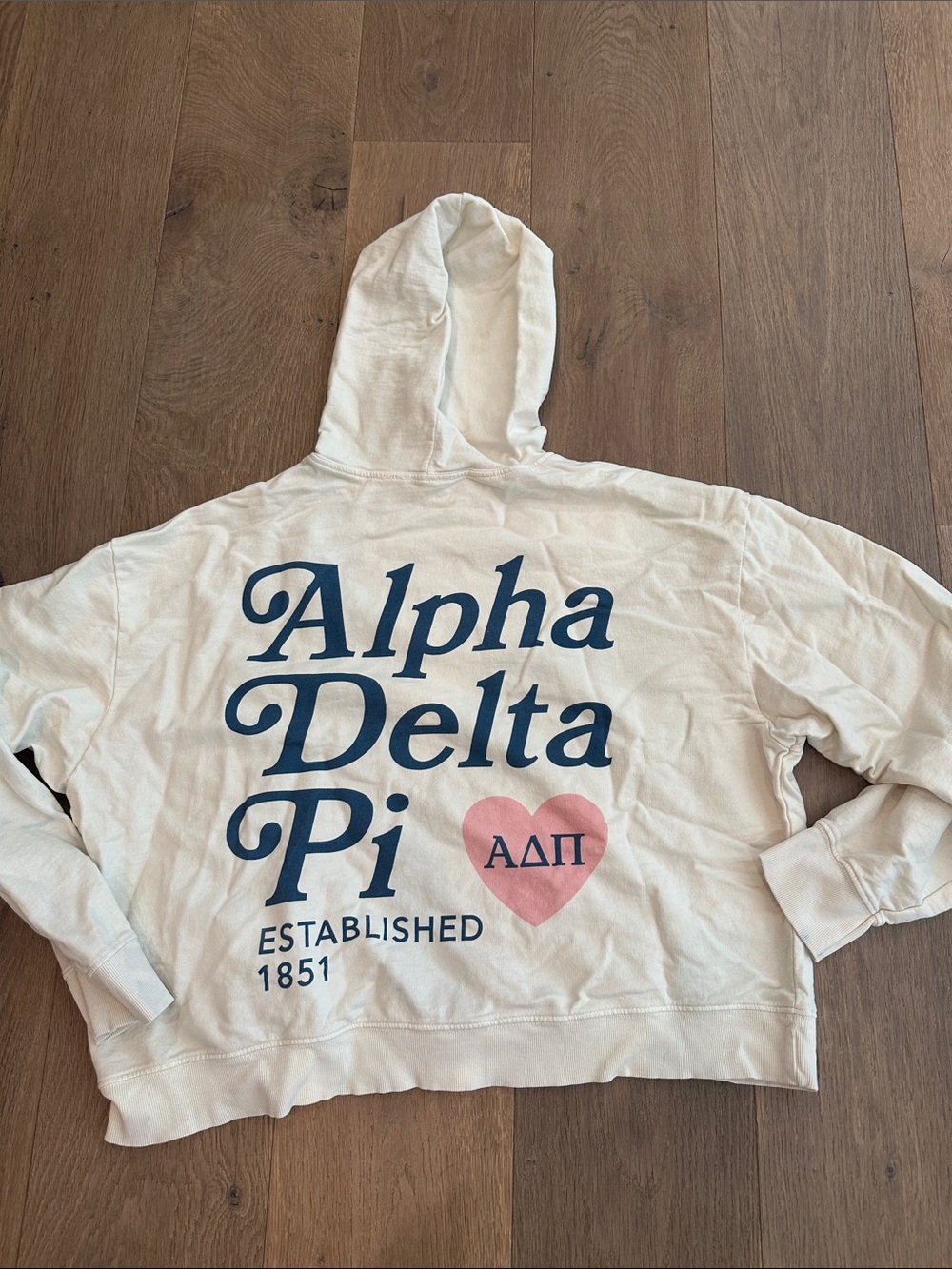 Alpha Delta Pi White Hoodie Sweatshirt with Navy Print and Pink Heart